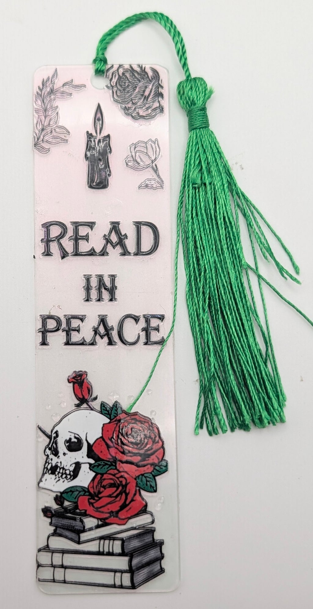 "Read In Peace" Gothic Skull & Rose Color Shift Bookmark