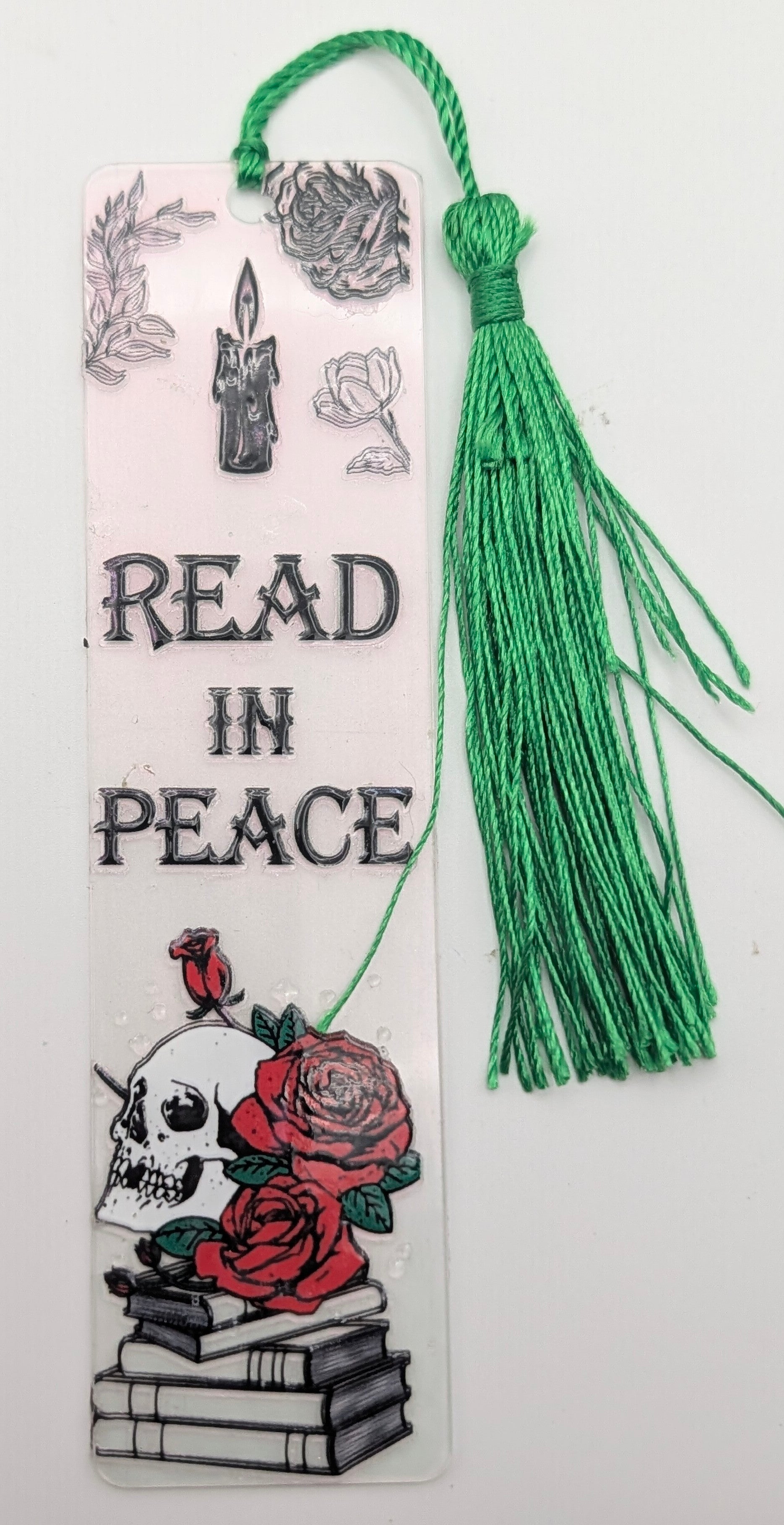 "Read In Peace" Gothic Skull & Rose Color Shift Bookmark