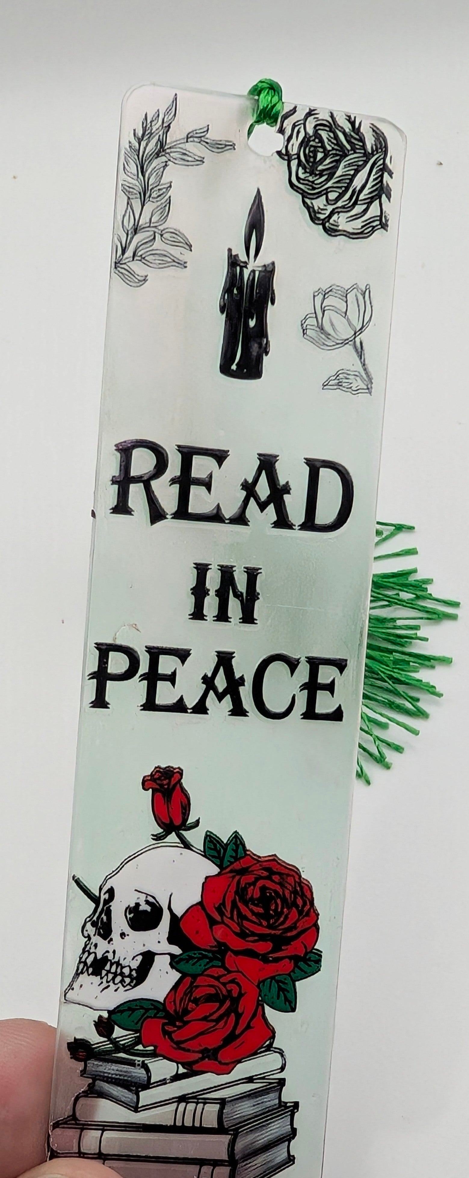 "Read In Peace" Gothic Skull & Rose Color Shift Bookmark