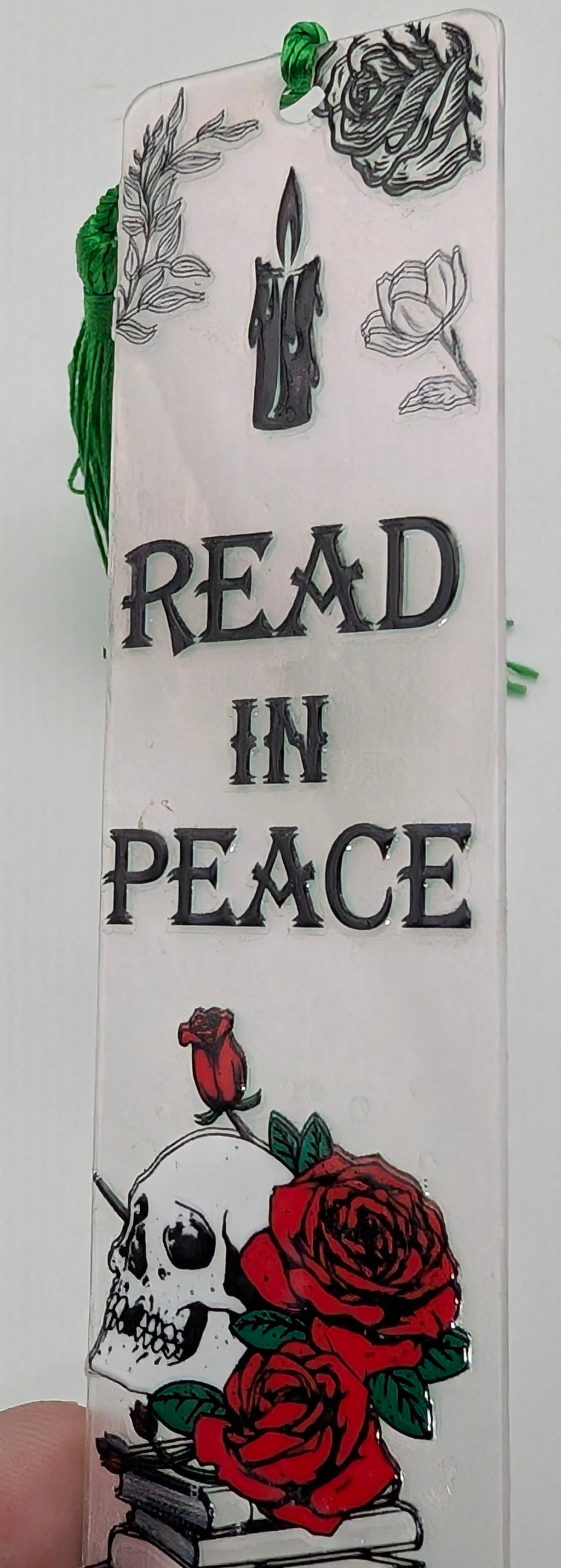 "Read In Peace" Gothic Skull & Rose Color Shift Bookmark