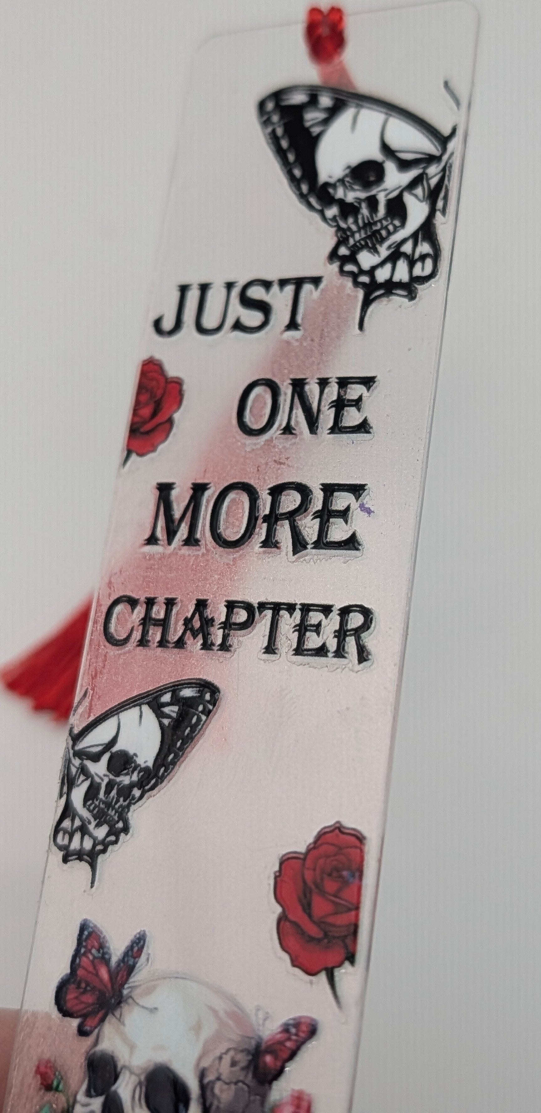 "Just One More Chapter" Gothic Skull Butterfly Color Shift Bookmark