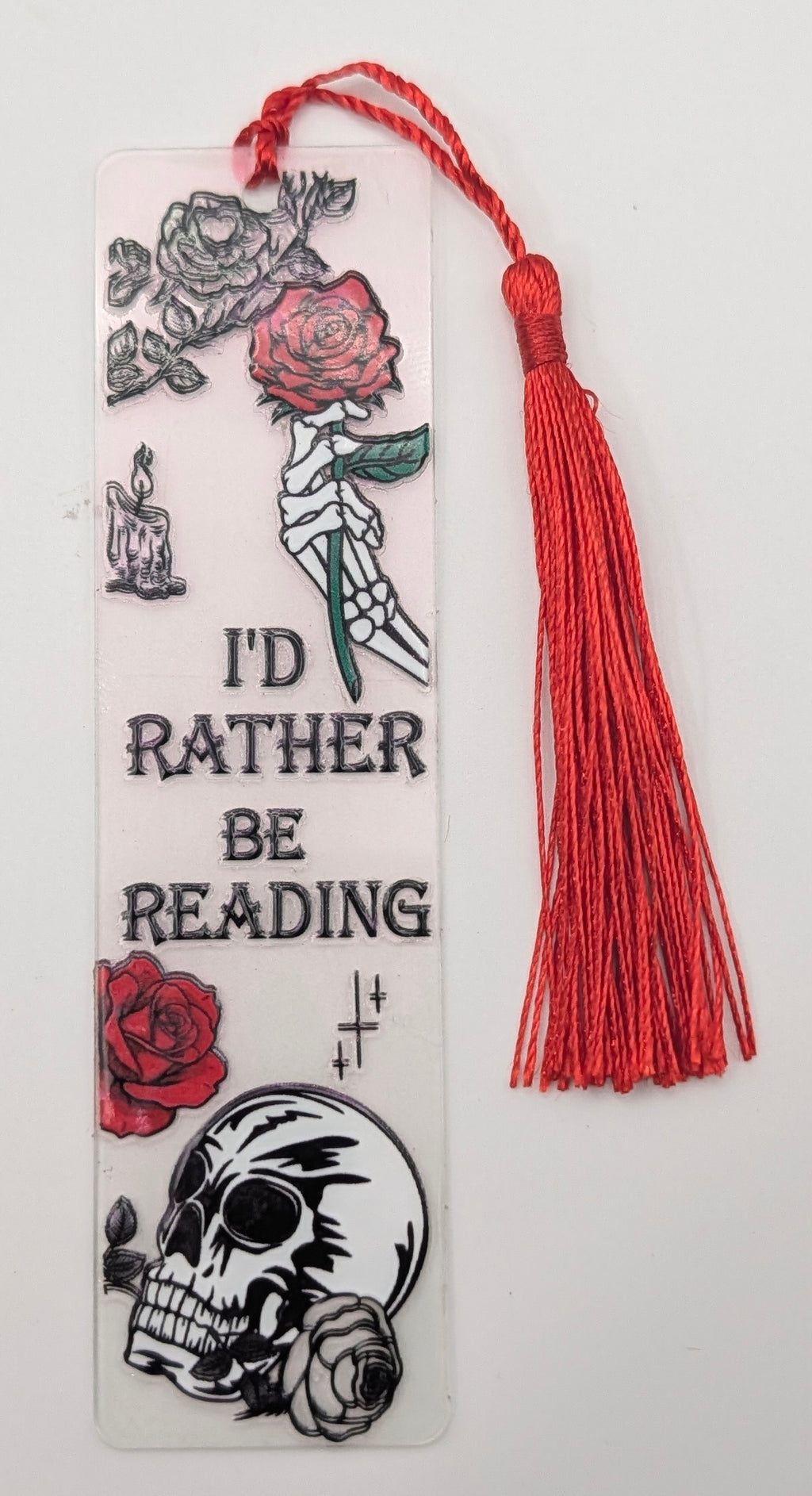 "I'd Rather Be Reading" Gothic Skeleton & Rose Color Shift Bookmark