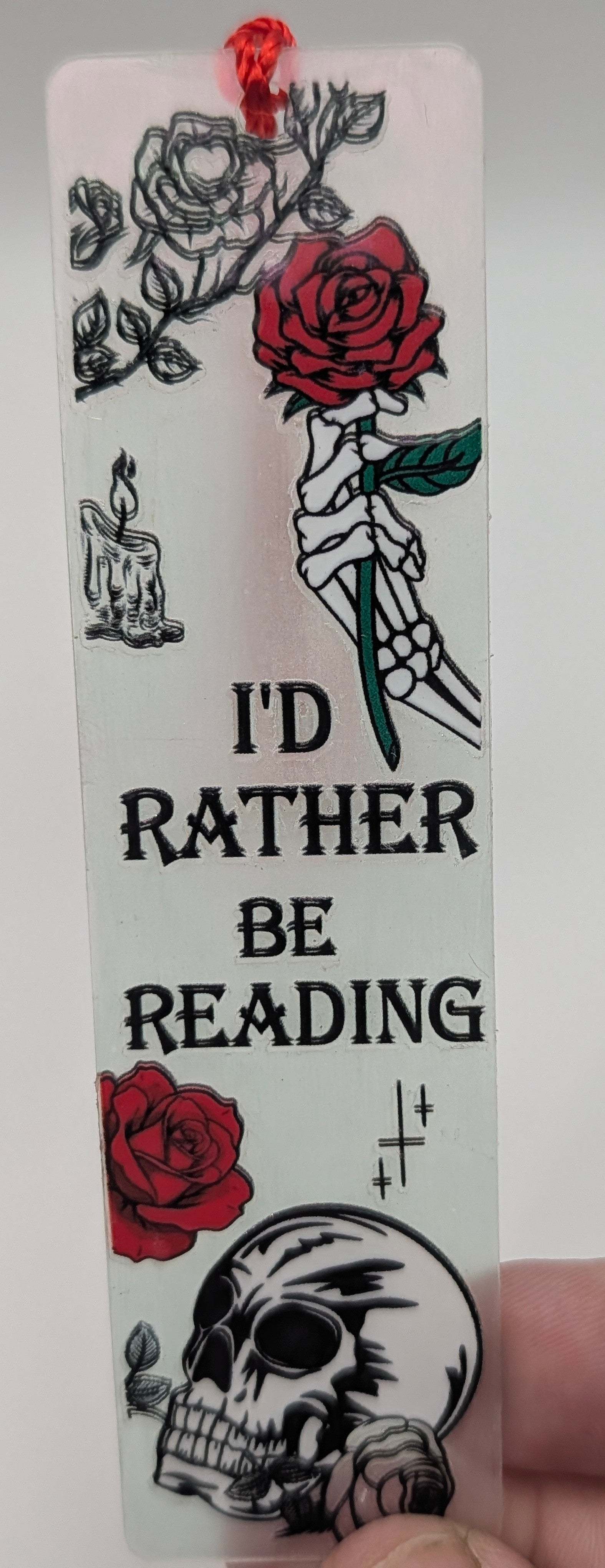 "I'd Rather Be Reading" Gothic Skeleton & Rose Color Shift Bookmark