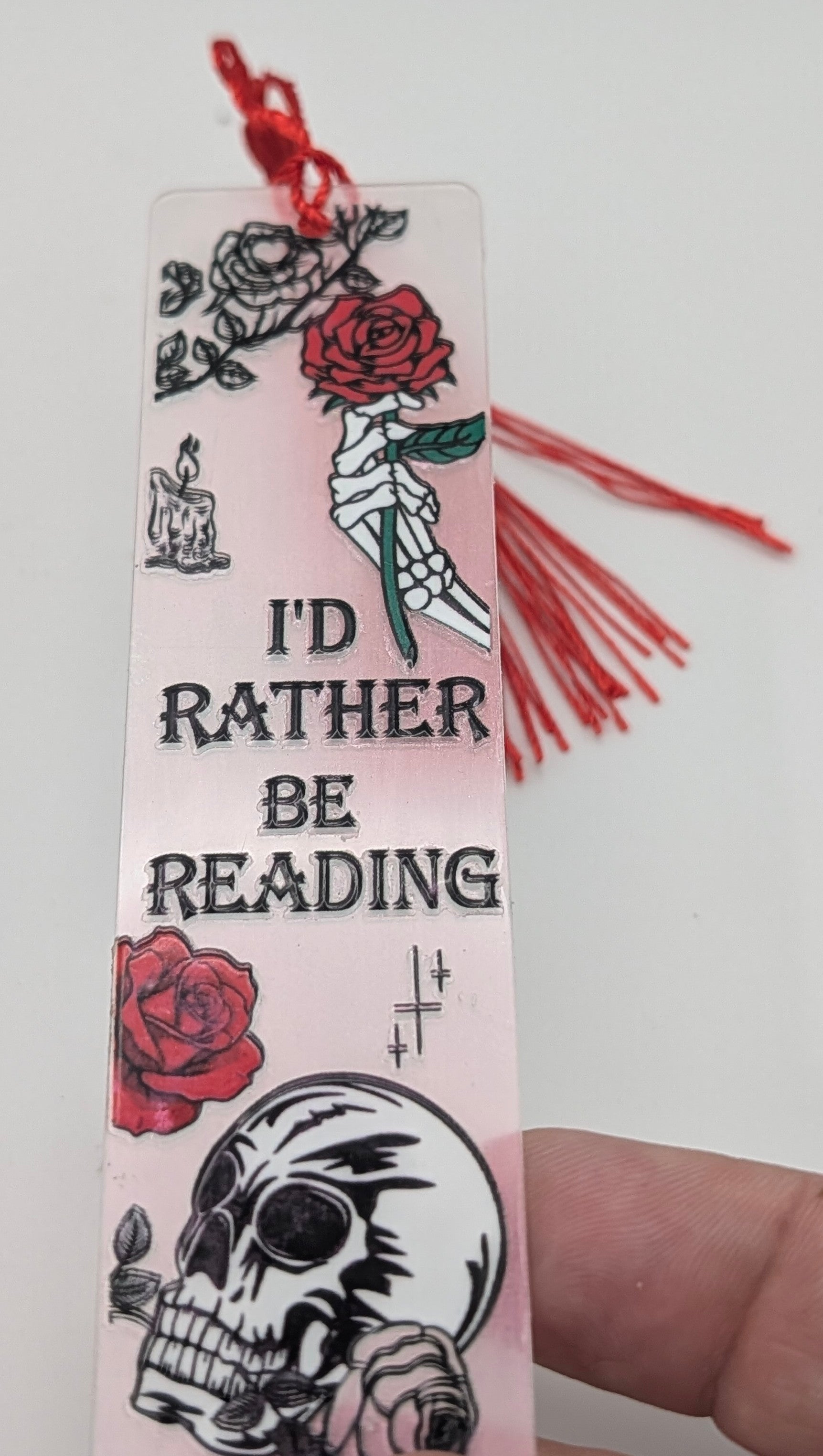 "I'd Rather Be Reading" Gothic Skeleton & Rose Color Shift Bookmark