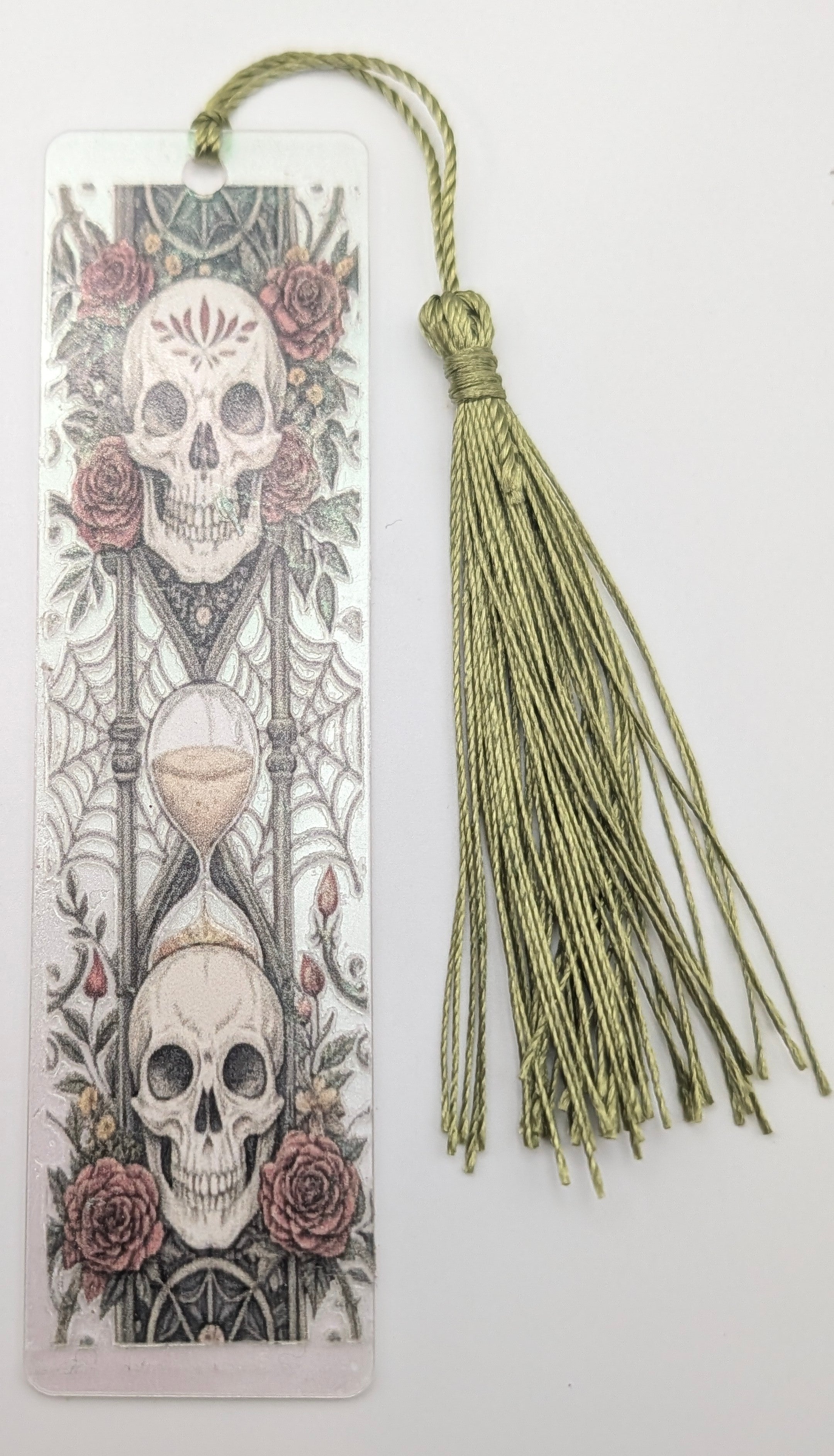 Gothic-Inspired Artisan Bookmark - Skulls, Roses, Hourglass