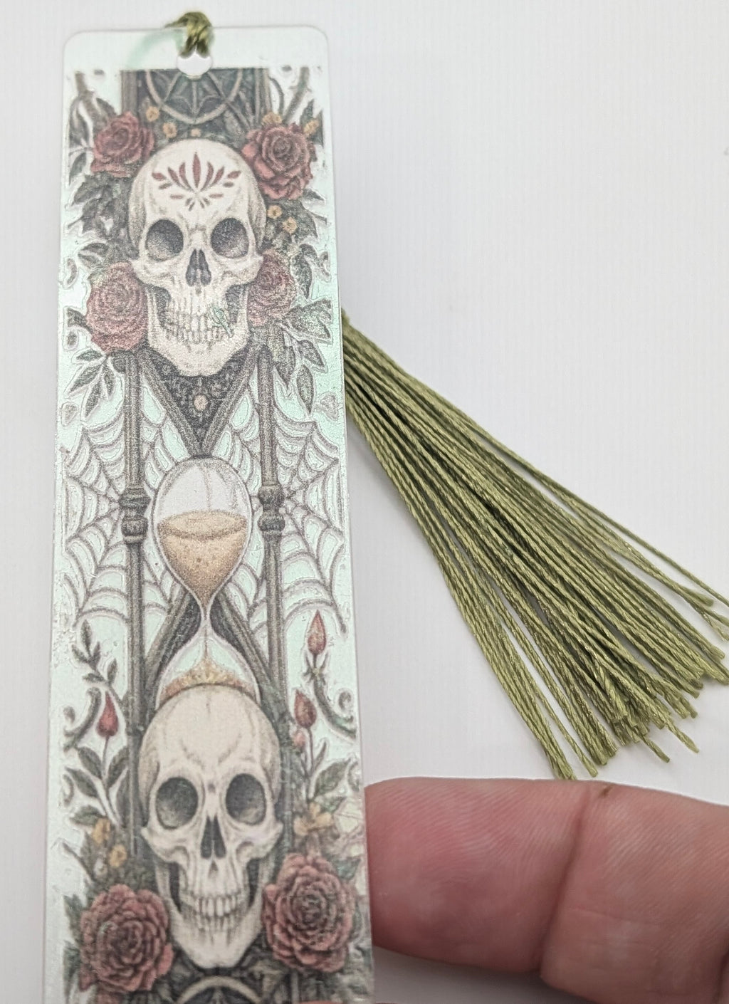 Gothic-Inspired Artisan Bookmark - Skulls, Roses, Hourglass