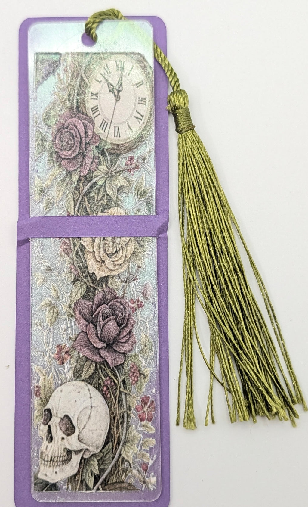 Gothic-Inspired Artisan Bookmark - Roses, Skull, Clock