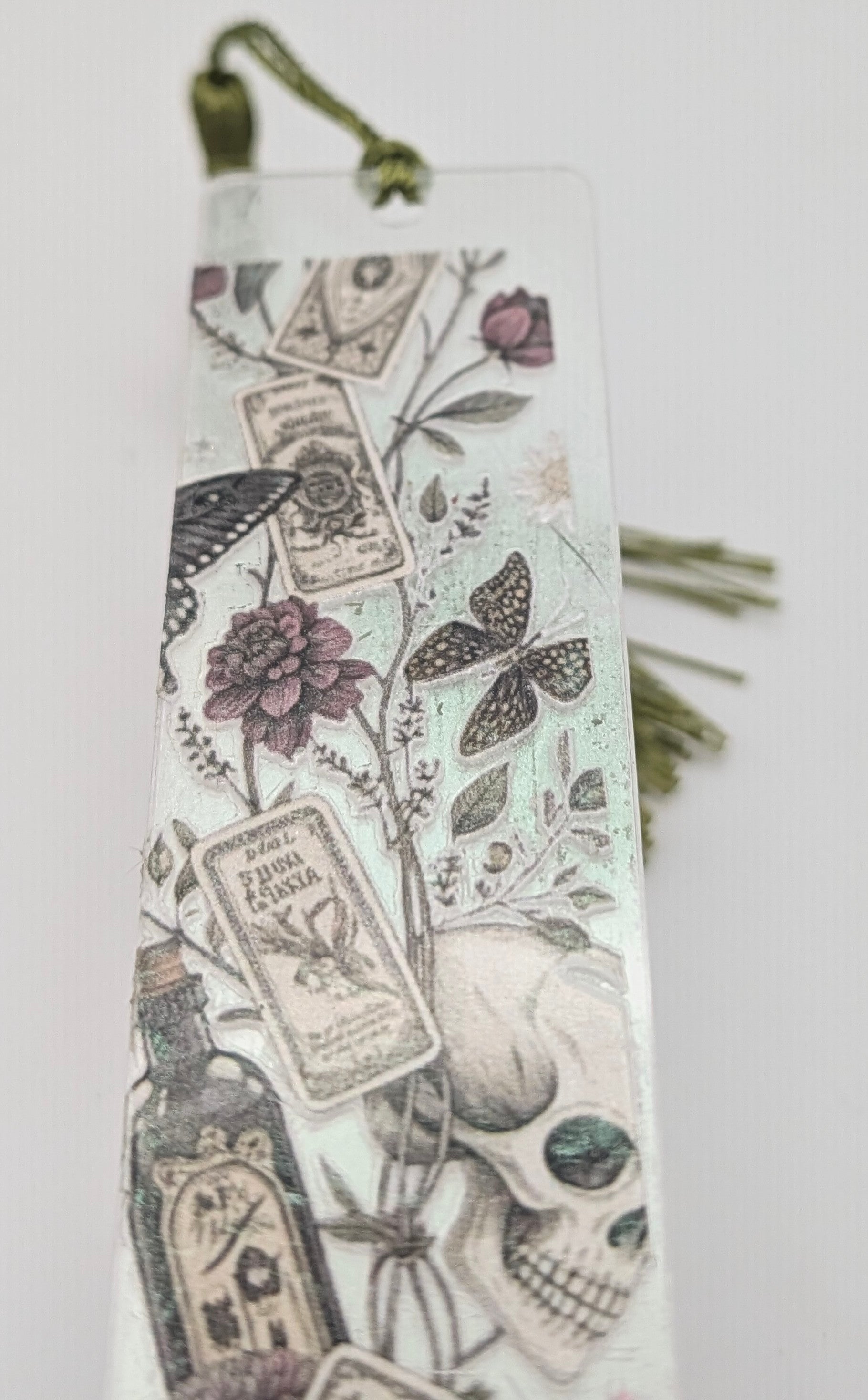 Gothic-Inspired Artisan Bookmark - Flowers, Butterfly, Skull