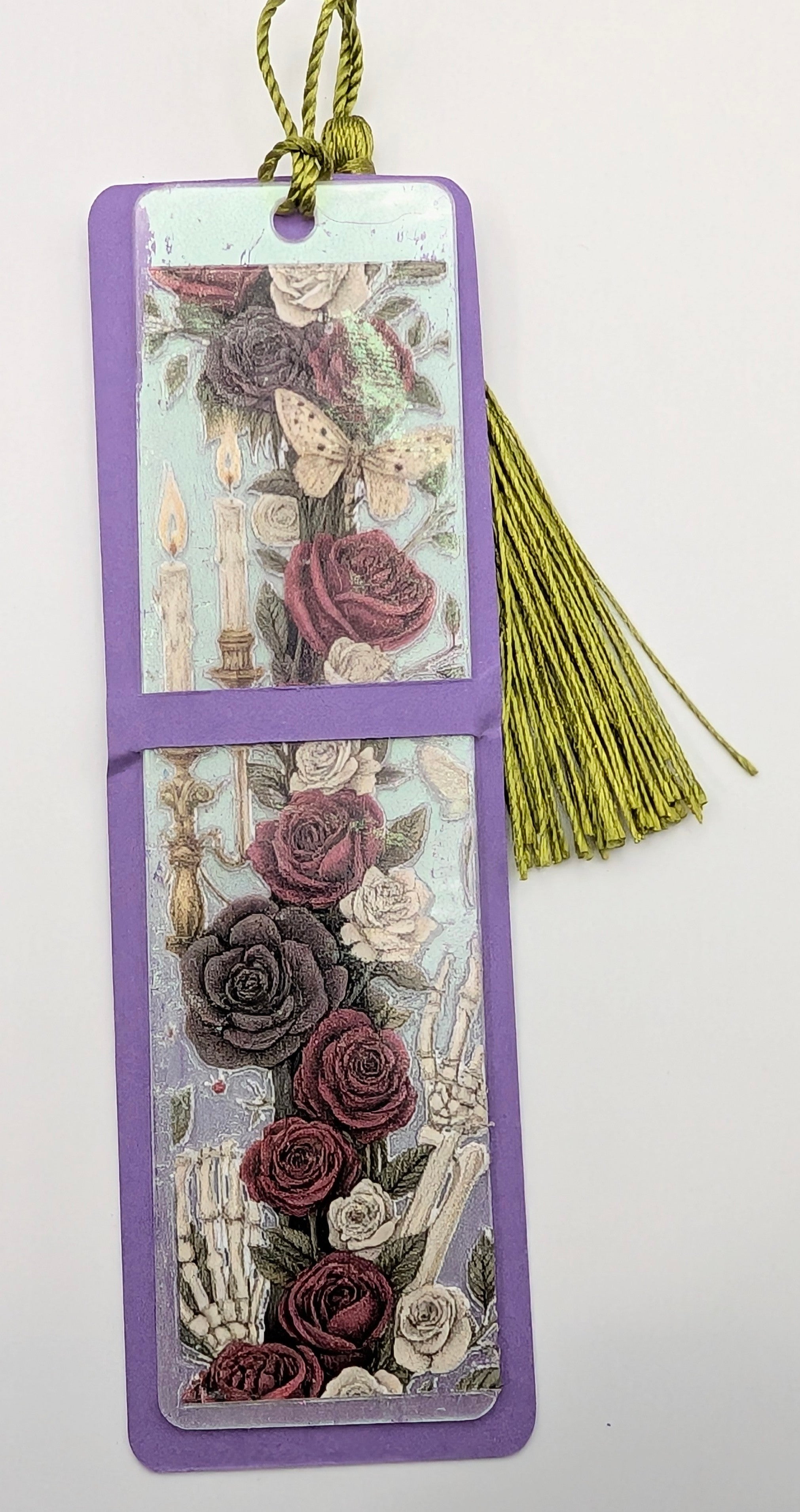 Gothic-Inspired Artisan Bookmark - Roses, Butterfly, Candle