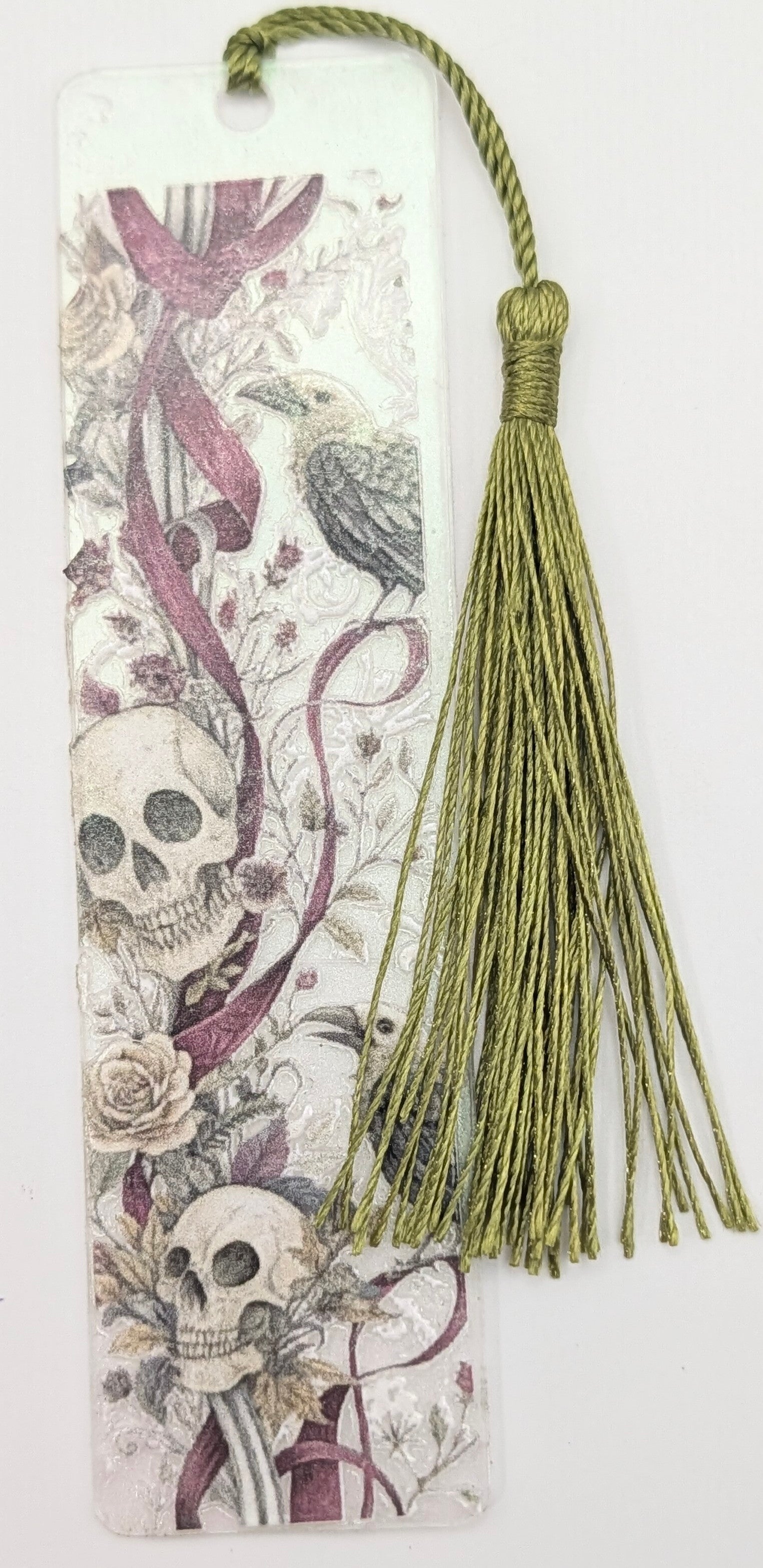 Gothic-Inspired Artisan Bookmark - Bird, Skull, Ribbons