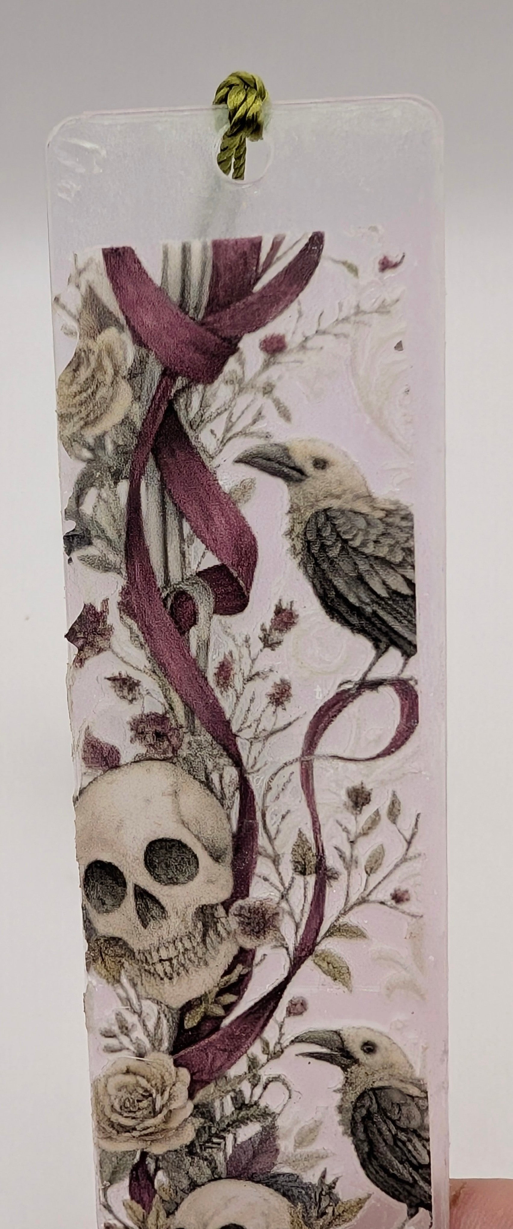 Gothic-Inspired Artisan Bookmark - Bird, Skull, Ribbons