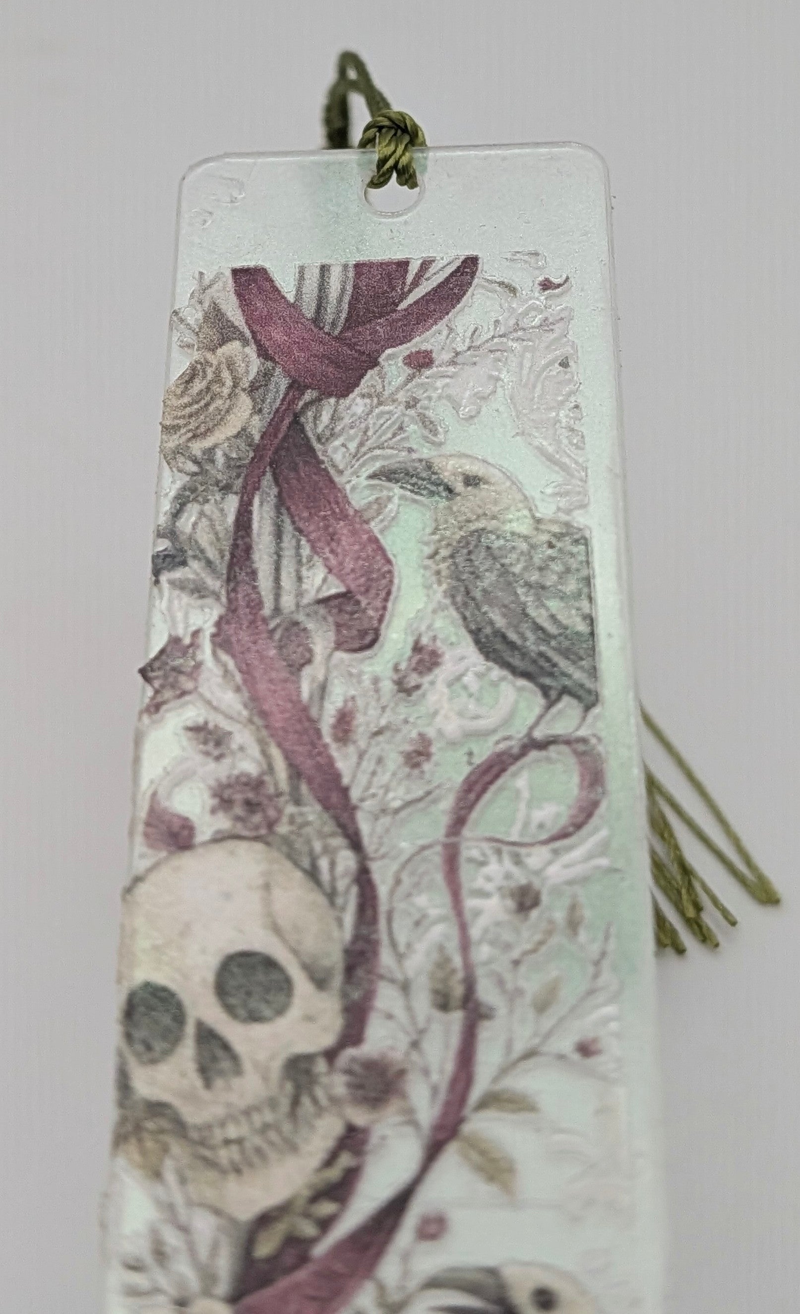 Gothic-Inspired Artisan Bookmark - Bird, Skull, Ribbons