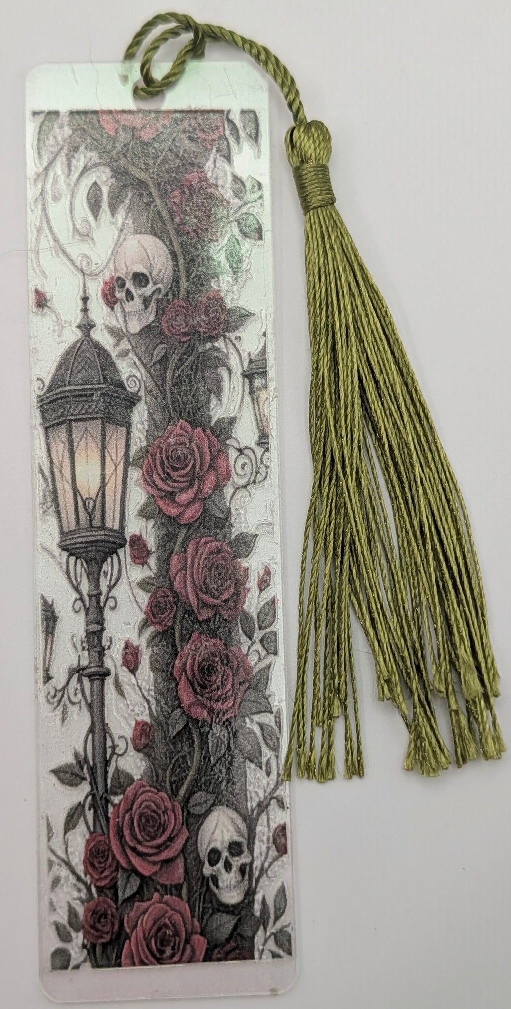 Gothic-Inspired Artisan Bookmark - Roses, Lamp, Skull