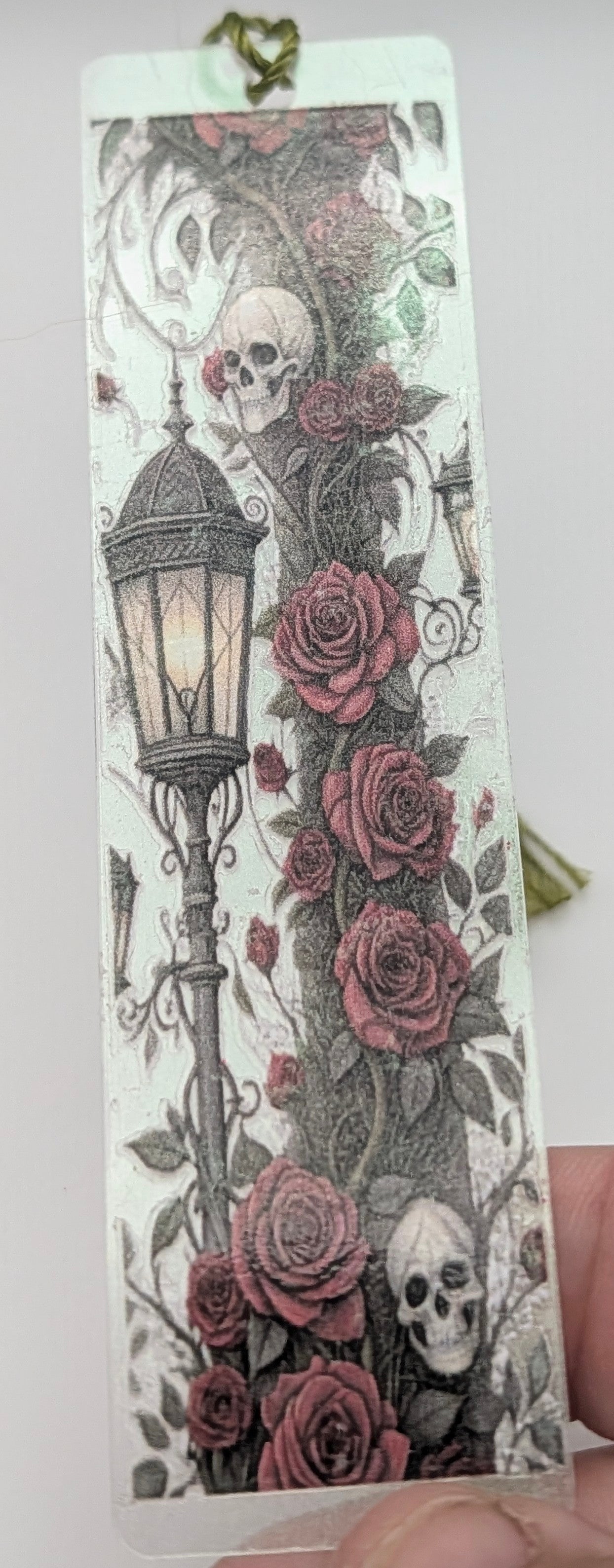 Gothic-Inspired Artisan Bookmark - Roses, Lamp, Skull