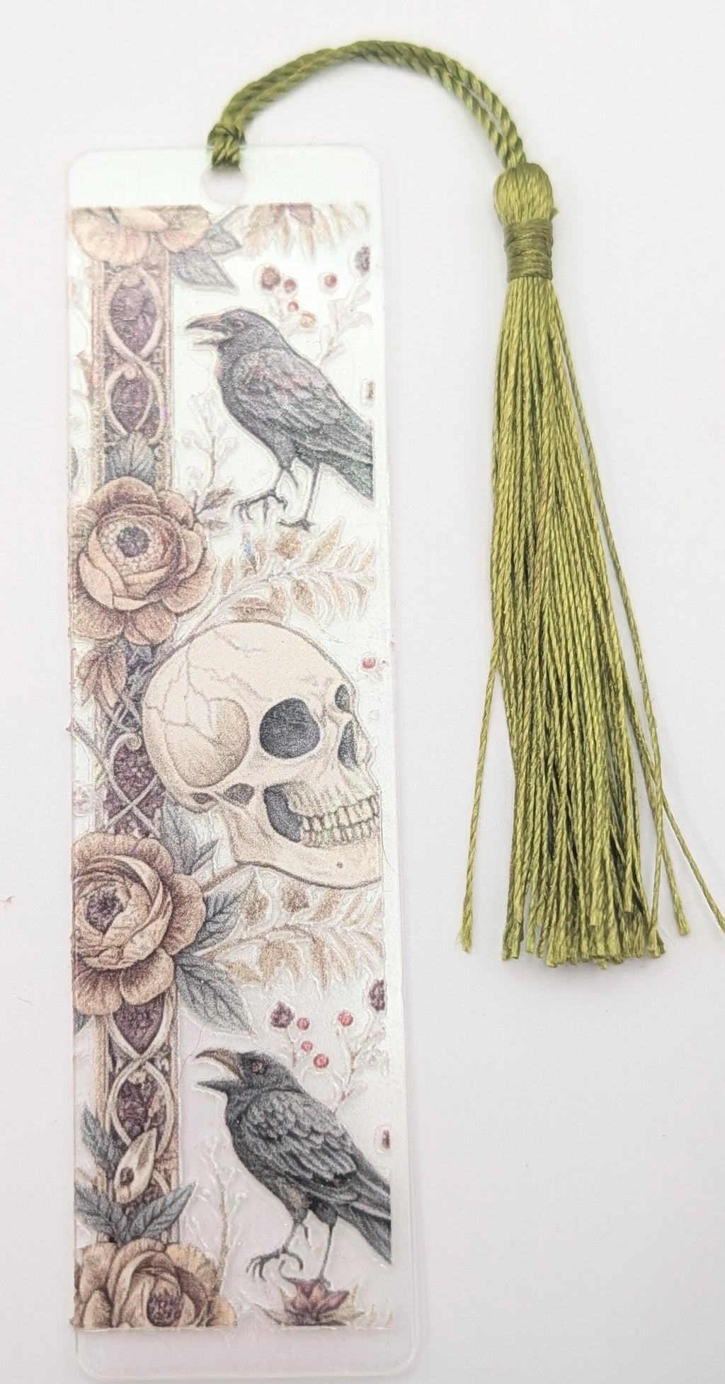 Gothic-Inspired Artisan Bookmark - Raven, Flower, Skull
