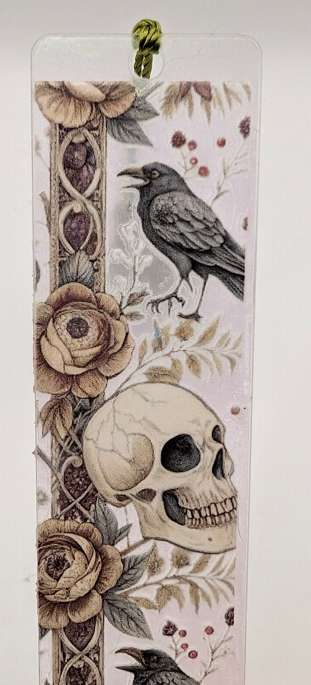 Gothic-Inspired Artisan Bookmark - Raven, Flower, Skull