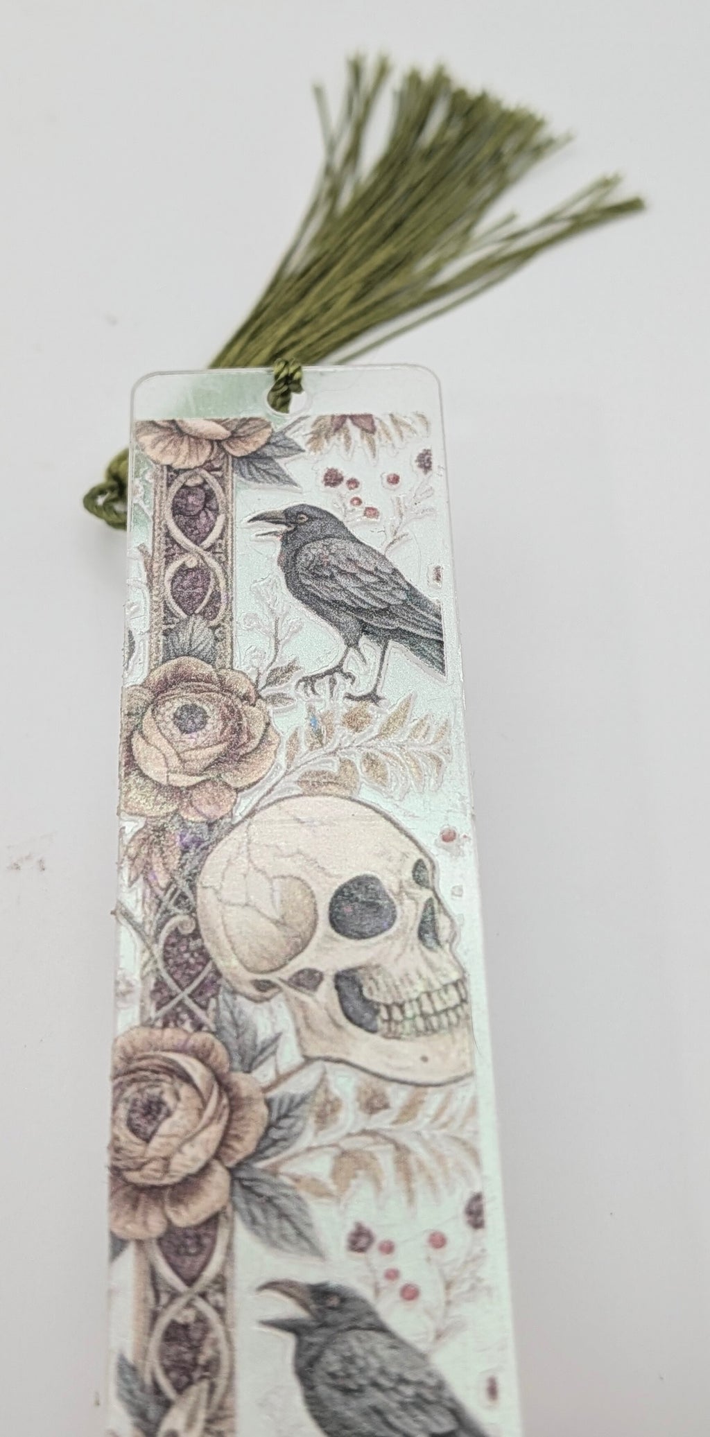 Gothic-Inspired Artisan Bookmark - Raven, Flower, Skull