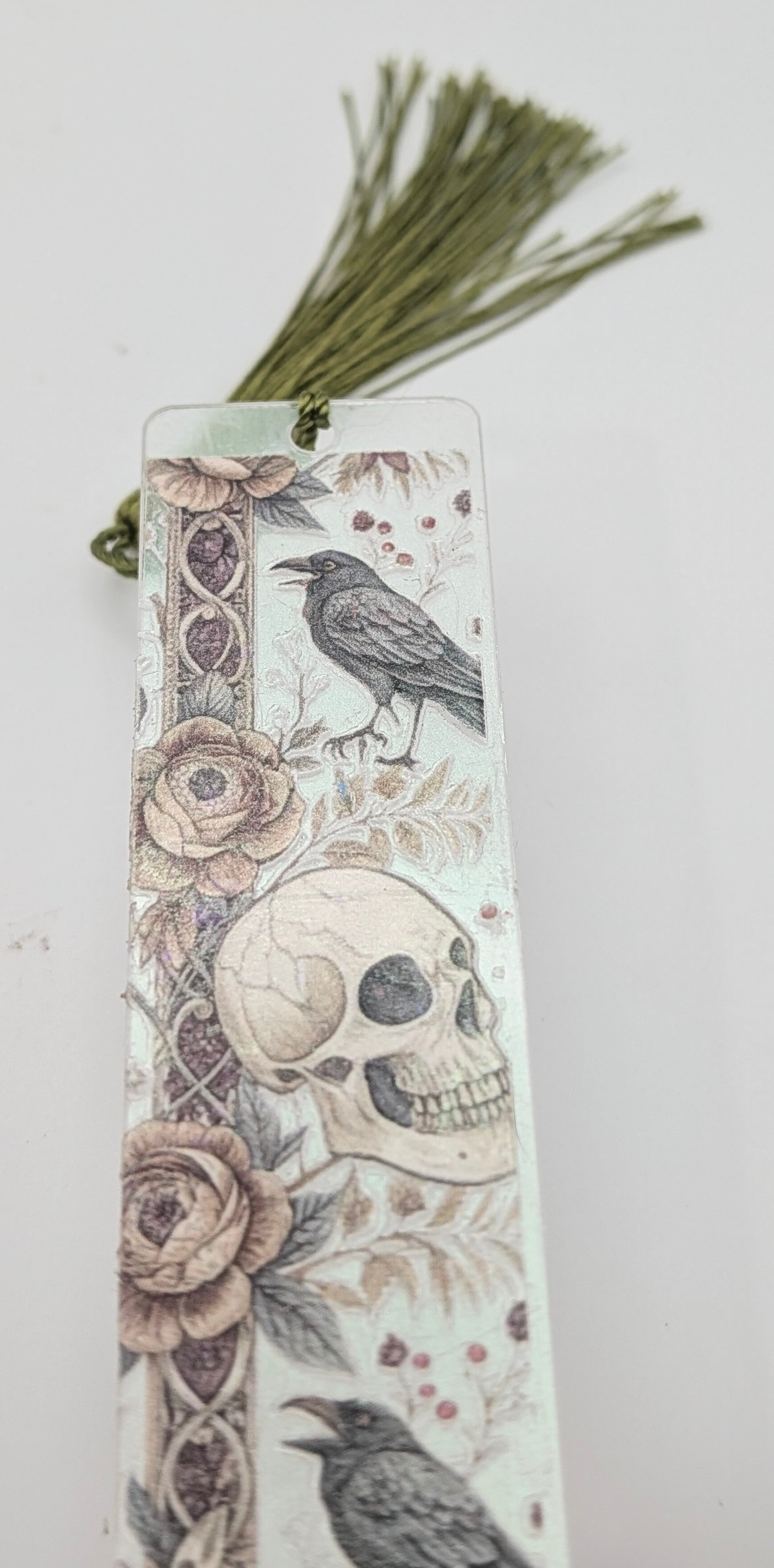 Gothic-Inspired Artisan Bookmark - Raven, Flower, Skull