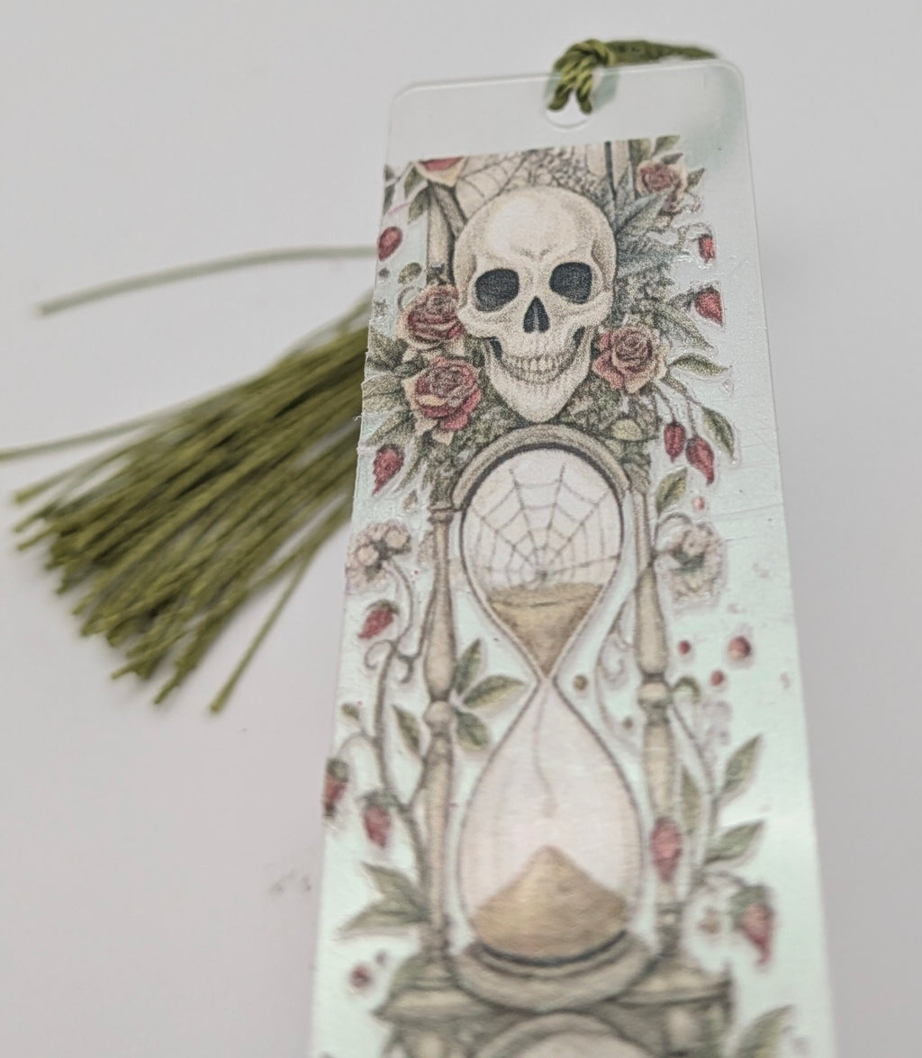 Gothic-Inspired Artisan Bookmark - Skulls, Roses, Hourglass